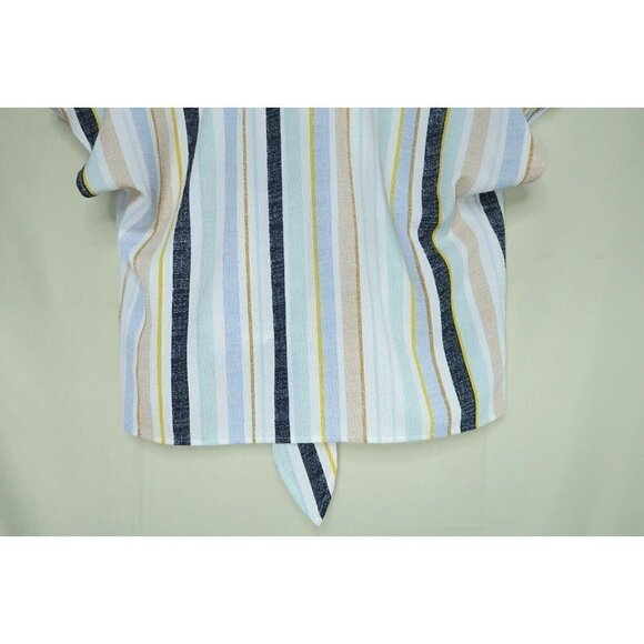 Sadie and Sage Cream Gray Striped Tie Front Crepe Short Sleeves Womens Sz Small - Picture 6 of 9